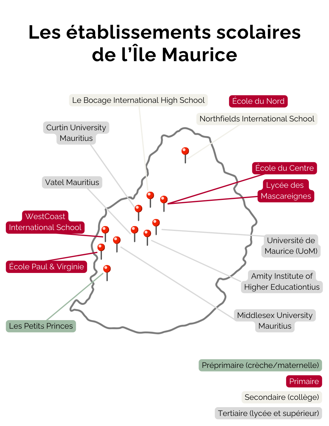 Carte des établissements scolaires de l'Île Maurice